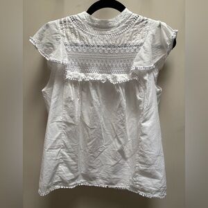 J. Crew White Flutter Sleeve Blouse with Ruffled Smocked Bib Collar, size S